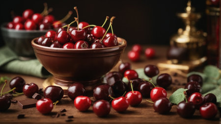 Cherries in a bowl on a wooden background. Selective focus.の素材