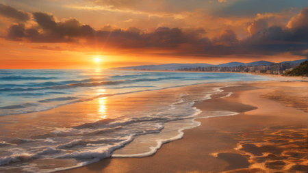 Beautiful sunset over the sea. Panoramic view of the sandy beach.の素材