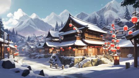 Beautiful winter landscape with snow covered Japanese village. Digital painting.の素材