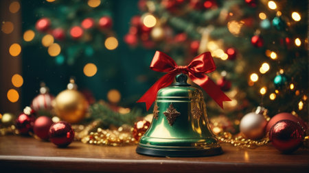 Christmas bell with red ribbon on Christmas tree background. Vintage styles.の素材