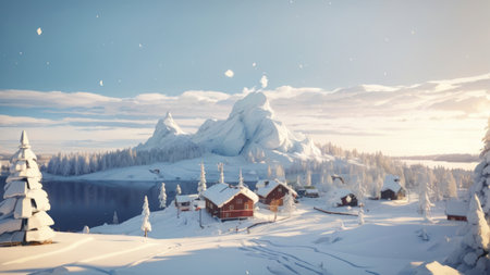 Beautiful winter landscape with snow covered Japanese village. Digital painting.の素材