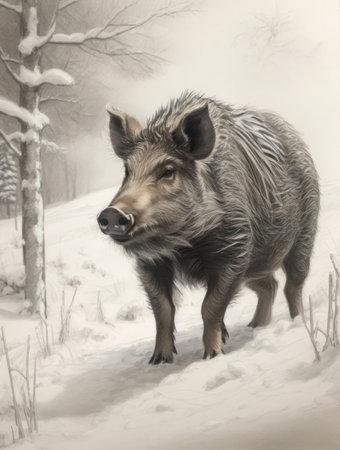Wild boar in winter forest. Wild pig in snowy forest.の素材