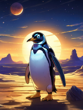 Cartoon penguin in the moonlight. 3D illustrations.の素材