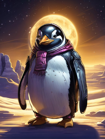 Cartoon penguin in the moonlight. 3D illustrations.の素材