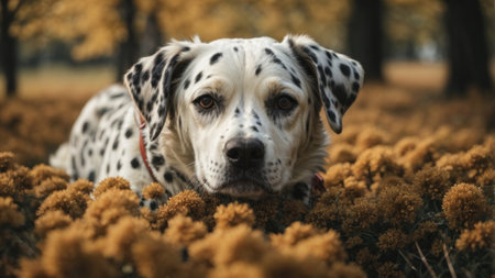 Adorable Dalmatian dog lying in the autumn park with yellow flowersの素材