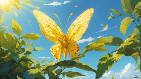 Butterfly on the background of the blue sky and green leavesの素材