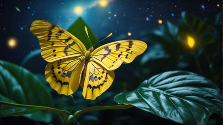 Yellow butterfly on a green leaf in the night sky.の素材