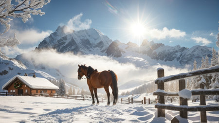 Horse in the mountains in winter. Beautiful landscape with horses.の素材