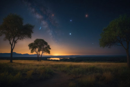 Beautiful view of the aurora borealis over the meadowの素材