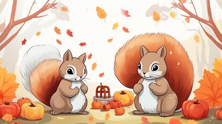 Cute squirrels on autumn backgroundの素材
