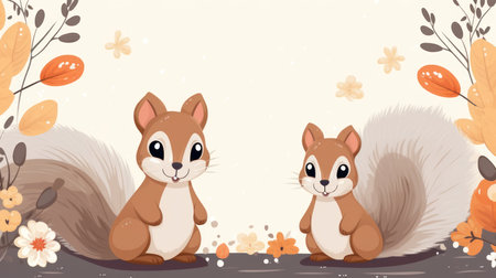 Cute squirrels on autumn backgroundの素材