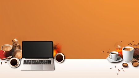 Workplace with laptop, coffee cup and coffee beans on orange backgroundの素材