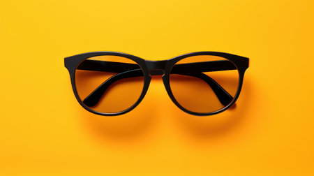 Black sunglasses on a yellow background. View from above. Place for text.の素材