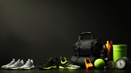 Set of sports equipment on black background. Sport and healthy lifestyle conceptの素材