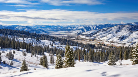 Beautiful winter landscape with snow covered trees and blue sky in the mountainsの素材