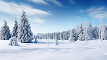 Winter landscape with snow covered fir trees and blue sky with clouds.の素材