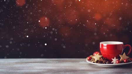 Cup of coffee with christmas decoration on bokeh backgroundの素材