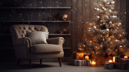 Christmas tree with gifts and candles on a wooden background. 3d renderingの素材