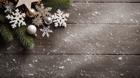Christmas background with fir tree branches and decoration on dark wooden board.の素材