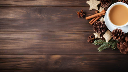 Christmas background with fir tree branches and decoration on dark wooden board.の素材