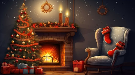 Christmas living room with fireplace, Christmas tree and presents - 3D illustrationの素材