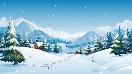 Winter landscape with snow covered fir trees and village. Vector illustration.の素材