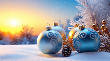 Christmas background with blue balls and pine branches in the snow against the backdrop of the setting sunの素材