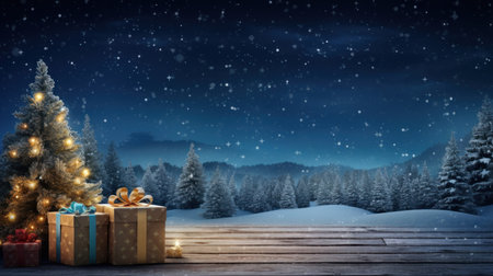 Gift boxes against fir tree forest in snowy landscape with fir treesの素材