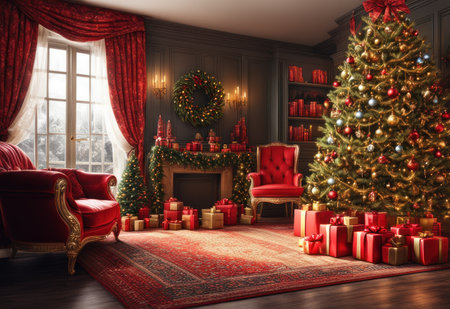 Christmas living room interior with Christmas tree and presents. 3d renderの素材