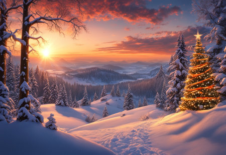 Majestic sunset in the winter mountains landscape. Dramatic wintry scene. Carpathian, Ukraine, Europe. Beauty world.の素材