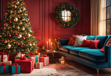 Christmas tree with presents in classic red interior. 3D rendering.の素材