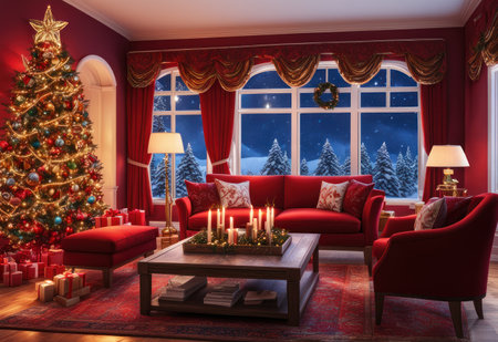 Christmas living room interior with Christmas tree and fireplace. 3d renderの素材