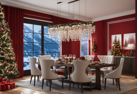 Christmas dining room interior with Christmas tree and decorations. 3d rendering.の素材