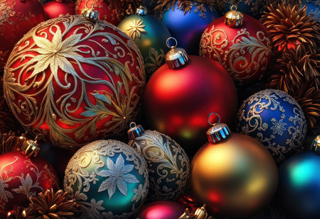 Christmas baubles with ornaments and cones on a dark backgroundの素材