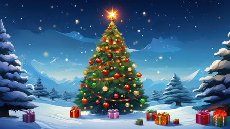 Christmas background with fir tree, gifts and snow. Vector illustration.の素材