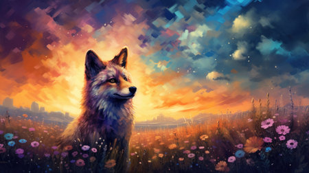Digital painting of a fox in a field of flowers at sunset.の素材