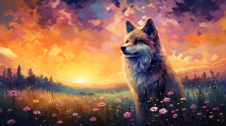 Digital painting of a cute fox in the meadow at sunset.の素材