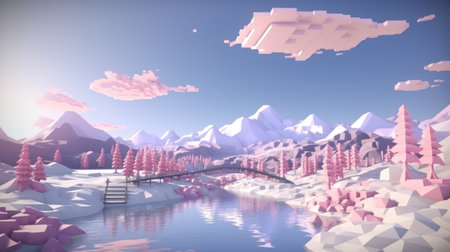 Winter landscape with wooden bridge over the lake. 3D rendering.の素材