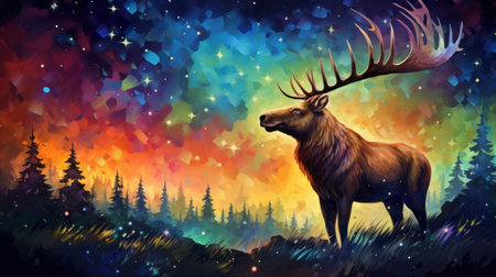 Illustration of a wild elk in the forest at night.の素材