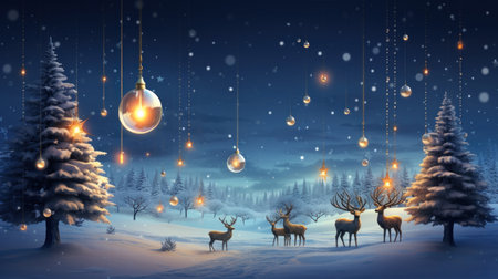 Christmas and New Year background with deers and Christmas tree. Vector illustration.の素材