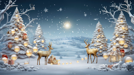 Christmas and New Year holidays background, winter landscape with Christmas tree, deer and snowflakesの素材