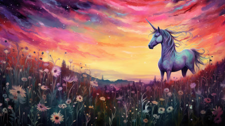 Unicorn on meadow with flowers at sunset. Digital painting.の素材