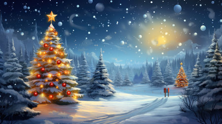Christmas and New Year background with fir trees in the winter forest.の素材
