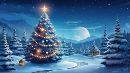 Christmas and New Year background. Christmas tree in the winter forest.の素材