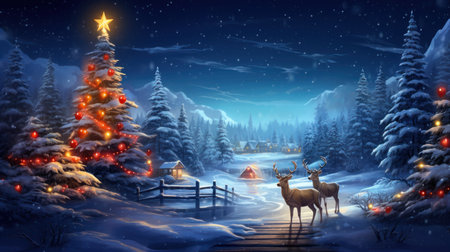 Christmas and New Year background with Christmas tree and reindeer.の素材