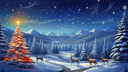 Winter landscape with fir trees and reindeer. Christmas background.の素材