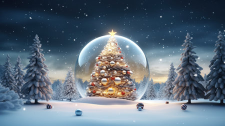 Snow globe with christmas tree in winter forest. 3D renderingの素材