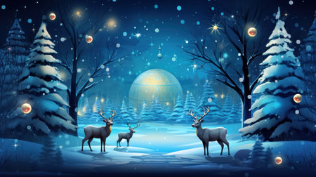 Winter landscape with christmas trees, deer and moon. Vector illustration.の素材