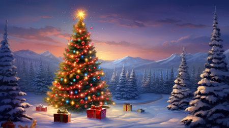Christmas background with fir-tree and gift boxes in the snowy mountainsの素材
