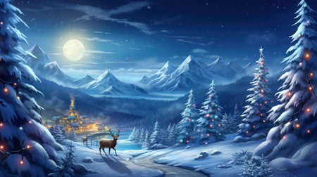 Christmas and New Year background. Christmas landscape with a deer in the forest.の素材